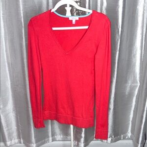 Lilly Pulitzer Adelaide V-Neck sweater in coral/pink with a light blue trim